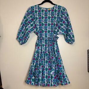 Briton Court‎ Dress Small Blue Purple Floral Print Braided Belt Midi Boho Summer